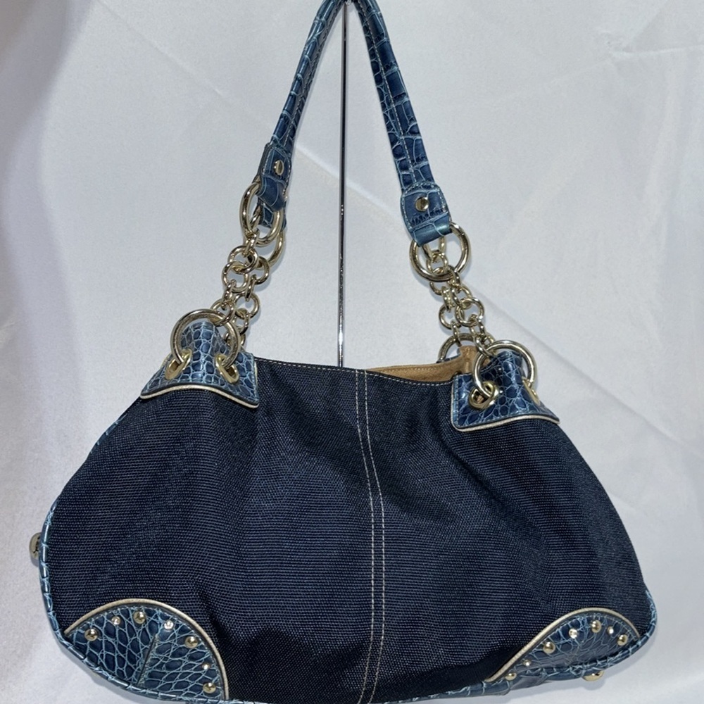 Kathy Van Zeeland Navy Canvas Faux Croc Double Strap Satchel Shoulder Bag Y2K - Picture 4 of 15
